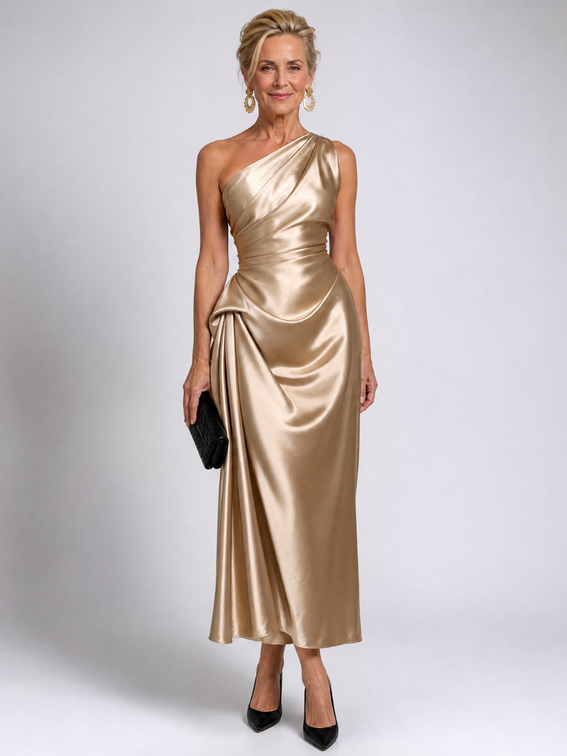 Celna | One Shoulder Draped Satin Midi Dress